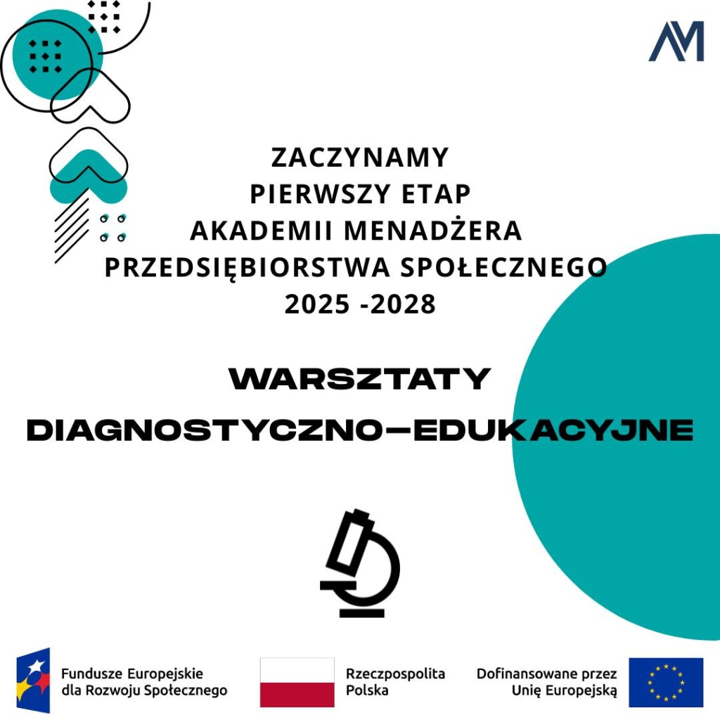 Ilustracja przedstawia logo projektu Akademia Menadżera Przedsiębiorstwa Społecznego 2025-2025. W granatowym obrysie koła znajduje się litera "a" i "m" koloru grantowego. Prawa krawędź litery "a" zastępuję lewą krawędź litery "m". Pod znakiem graficznym w zielonym kolorze znajduje się tytuł całego projektu w kolorze morskim. Cała kompozycja zamknięta jest w obrysie koła.